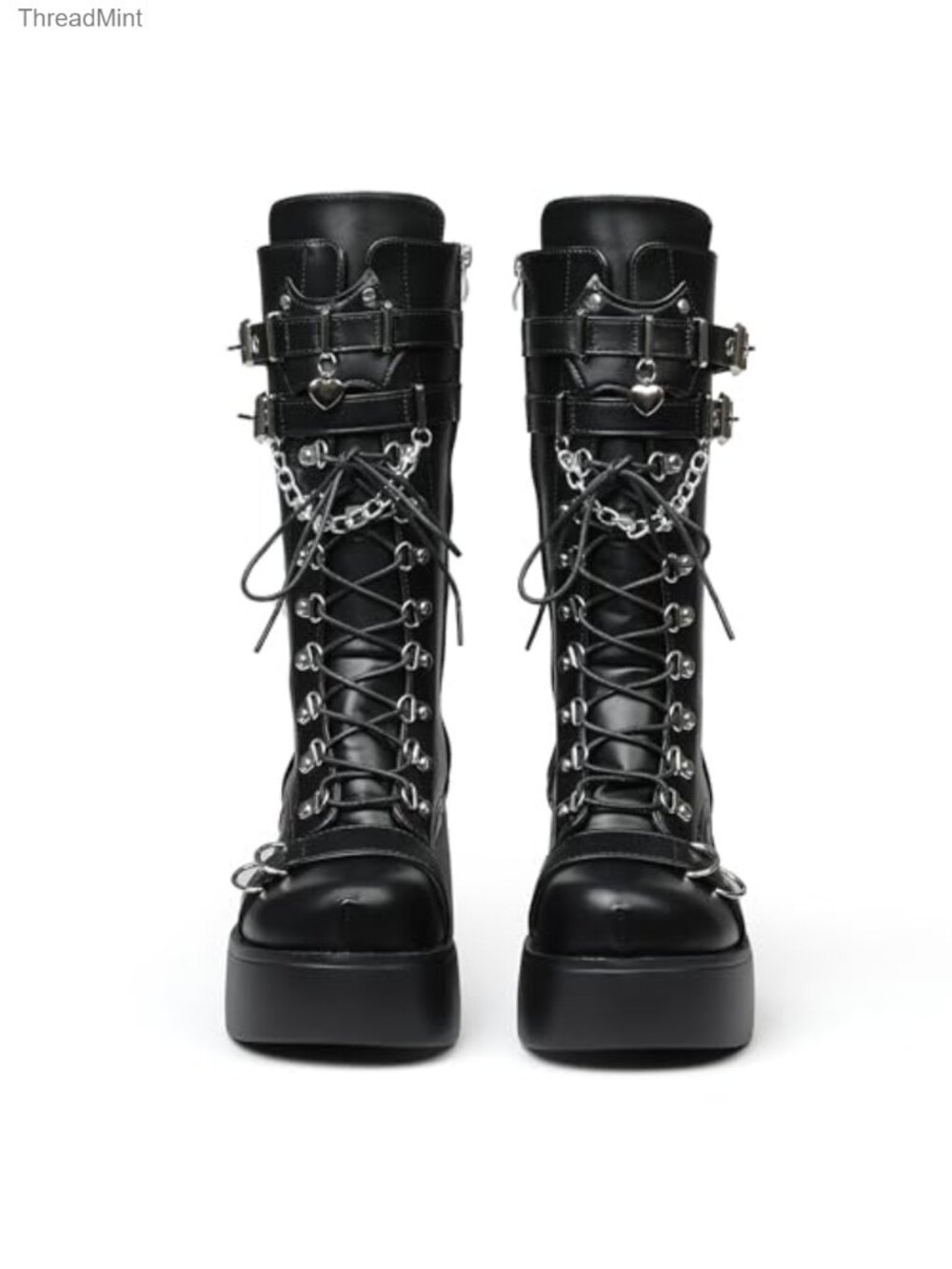 Womens Gothic Combat Boots Chunky Wedge Heel Lace Up Mid Calf Platform - Picture 3 of 6